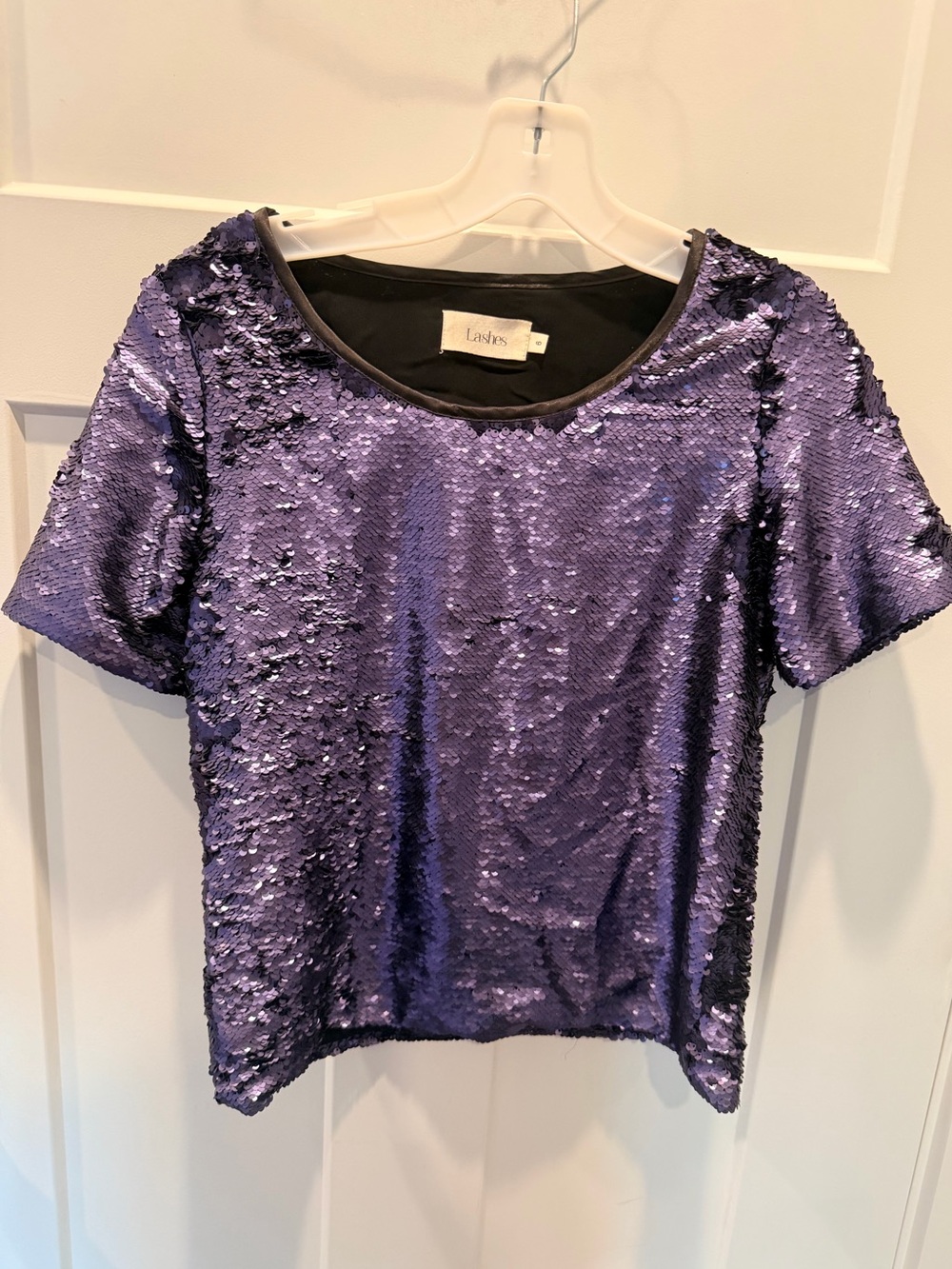 Lashes Purple Flip Sequin Top Heart Cutout Back Short Sleeve Sparkle Party 6